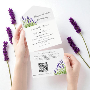 Lavendel rustikale Blumen-Watercolor QR-Code Hochz All In One Einladung