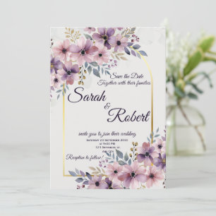 Lavendel Schimmer Florales Goldenes Bogen Hochzeit Einladung