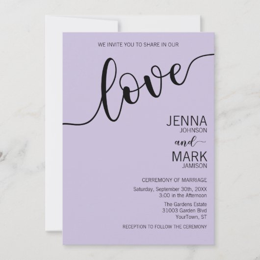 Lavendel-Schwarze Liebe-Script Minimalistische Hoc Einladung (Vorderseite)