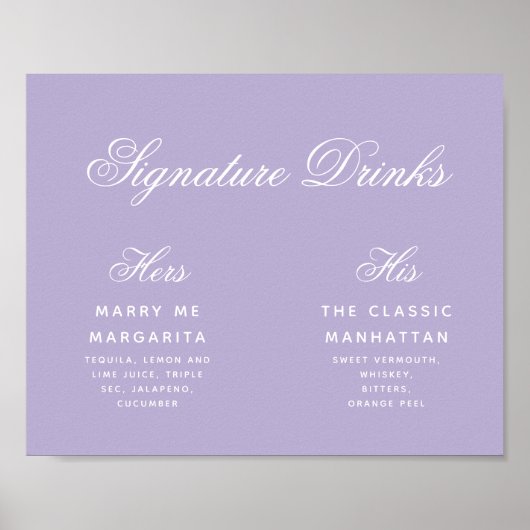 Lavendel Signature Drinks Kalligraphie-Hochzeitssk Poster (Vorne)