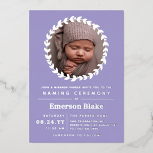 Lavendel Silber Kranz Baby Foto Namenszeremonie Folieneinladung