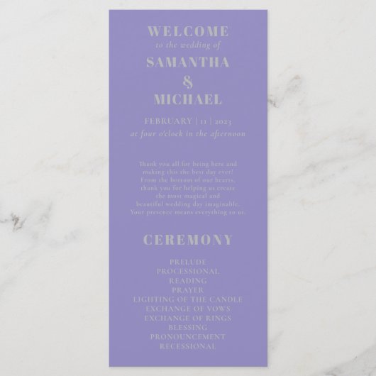 Lavendel Silber minimal modernes Programm Hochzeit (Vorderseite)