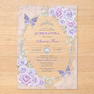 Lavendel Silber Quinceanera Mis Quince 15 Jahre Acryleinladungen