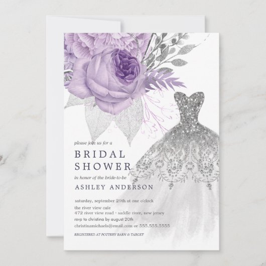 Lavendel Silver Floral Wedding Dress Brautparty Einladung (Vorderseite)