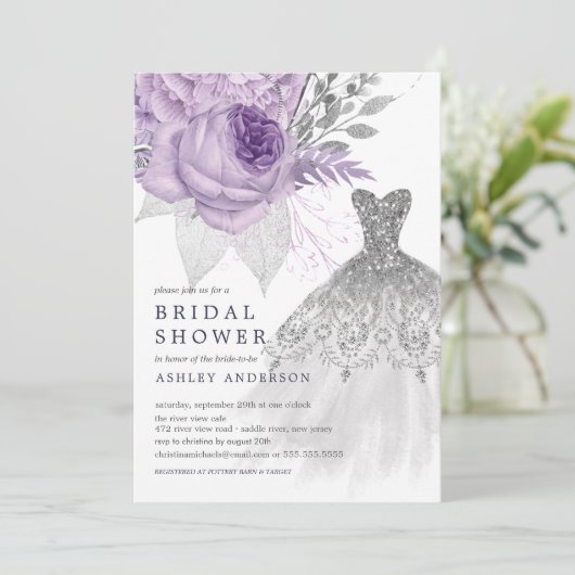 Lavendel Silver Floral Wedding Dress Brautparty Einladung (Stehend Vorderseite)
