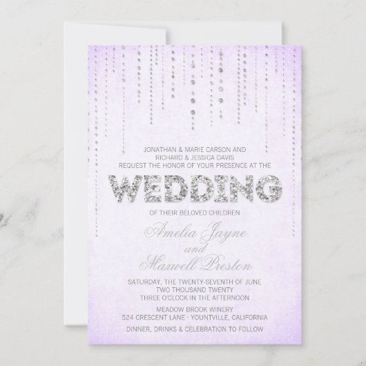 Lavendel & Silver Glitzer Hochzeitsempfang Einladung (Vorderseite)
