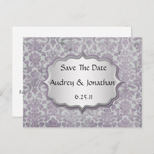 Lavendel Silver Grunge Damask Save the Date Ankündigungspostkarte (Vorne/Hinten)