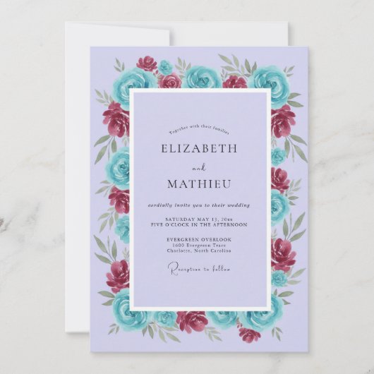 Lavendel-Teal-Rosen-Hochzeit Einladung (Vorderseite)