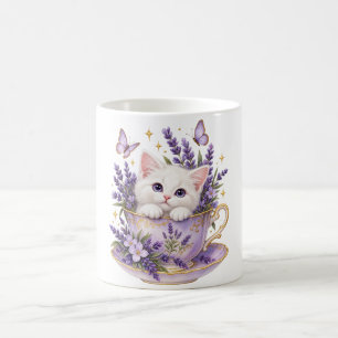 Lavendel-Teetasse-Katze-Weiße-Kätzchen-Blumen-Tass Kaffeetasse
