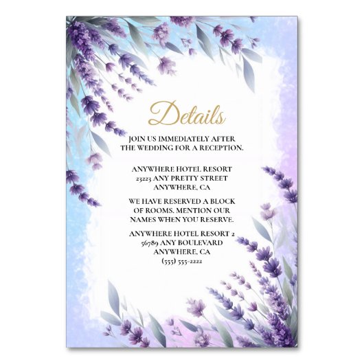 Lavendel und blaue Elegante Blumendetails Tischnummer (Vorderseite)