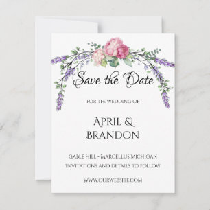 Lavendel- und Eukalyptus-Rosa-Pfingster Hochzeit Save The Date