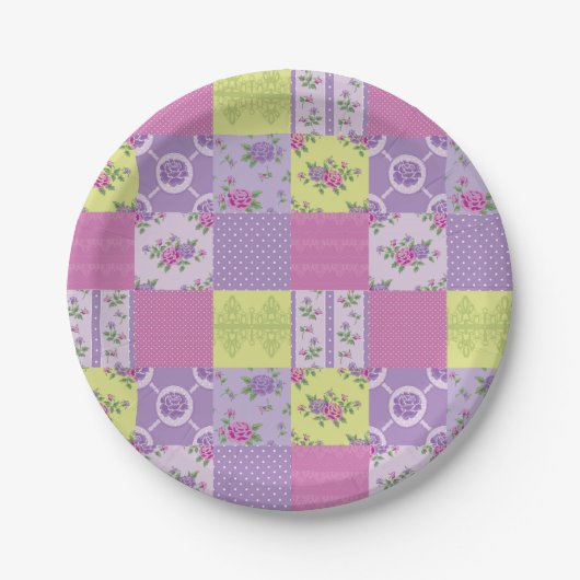 Lavendel- und Gelb-Patchwork-Quilt-Muster Pappteller (Vorderseite)