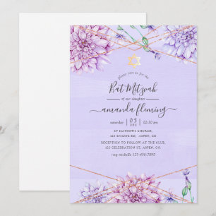 Lavendel- und Gold-Blumen geometrische Bat Mizwa Einladung