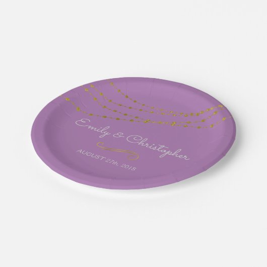Lavendel- und Goldfilm-String-Teller Pappteller (Schrägansicht)