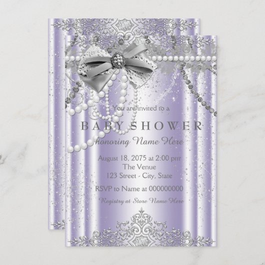 Lavendel und Graue Girly-Babydusche Einladung (Vorne/Hinten)