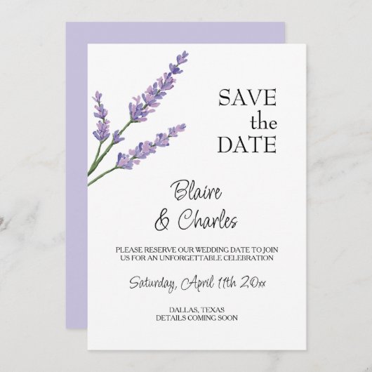 Lavendel- und Green-Floral-Save the Date-Karte Save The Date (Vorne/Hinten)