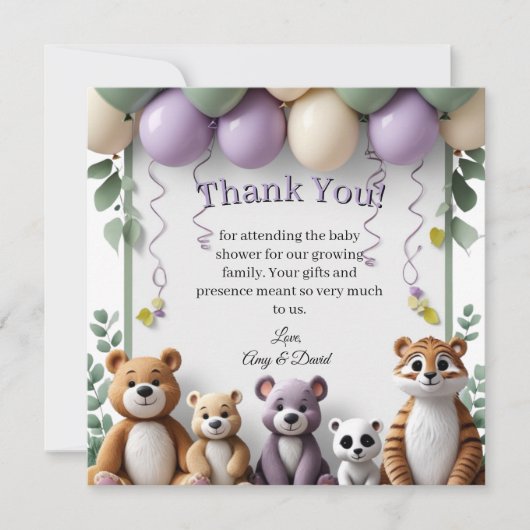 Lavendel und Grüne Tiere Danke Karte (Vorderseite)