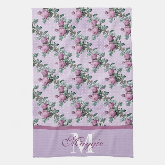 Lavendel und Lila Rose auf Rebflächen Mit Monogram Geschirrtuch (Vertikal)