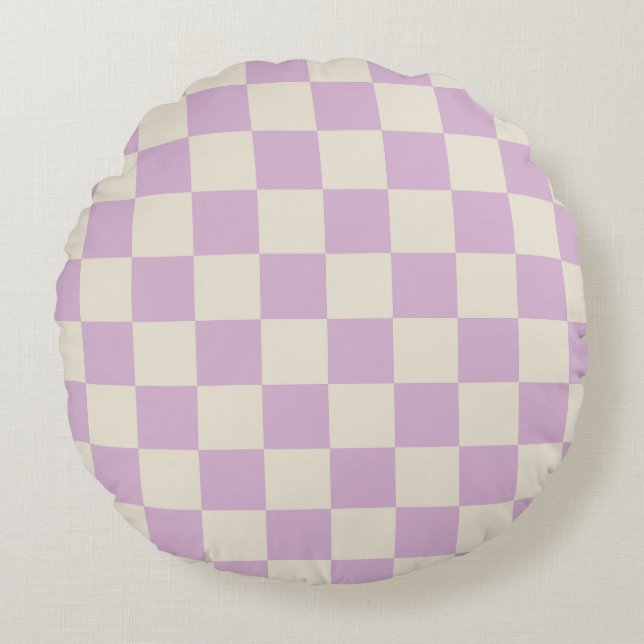 Lavendel und Off White Checkerboard Rundes Kissen (Vorderseite)