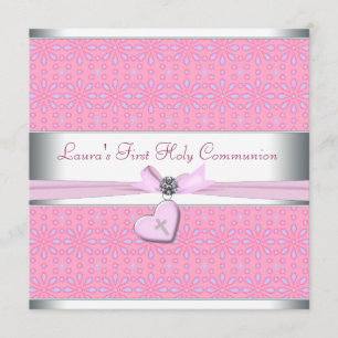 Lavendel und rosa Herz Rosa Kreuz Erstkommunion Einladung