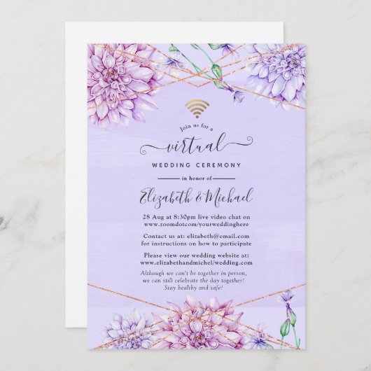 Lavendel und Rose Gold Floral Virtual Wedding Einladung (Vorne/Hinten)