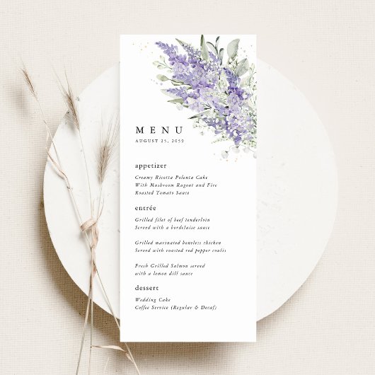 Lavendel- und Salbeigrüne Blumige Hochzeitsdinner Menükarte
