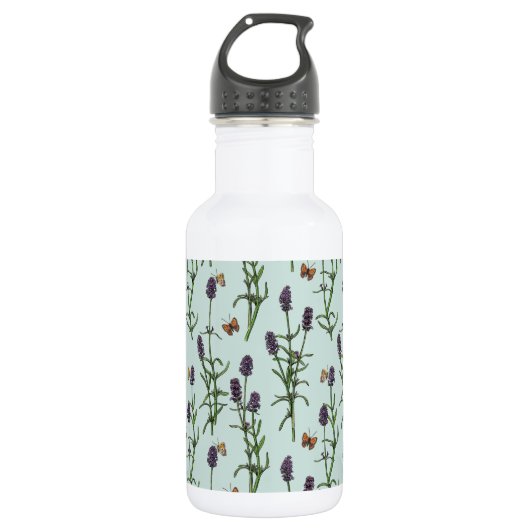 Lavendel und Schmetterlinge auf Meerglas Edelstahlflasche (Vorderseite)