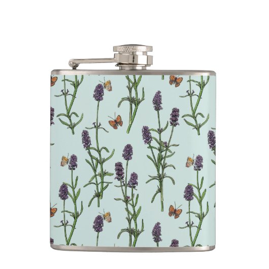 Lavendel und Schmetterlinge auf Meerglas Flachmann (Vorderseite)