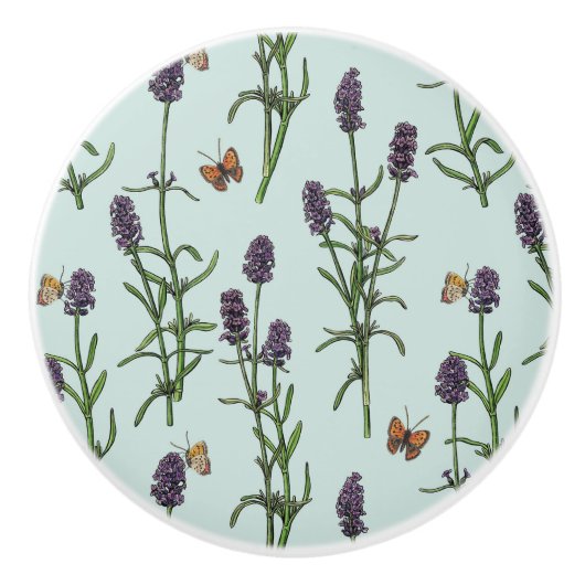 Lavendel und Schmetterlinge auf Meerglas Keramikknauf (Vorderseite)