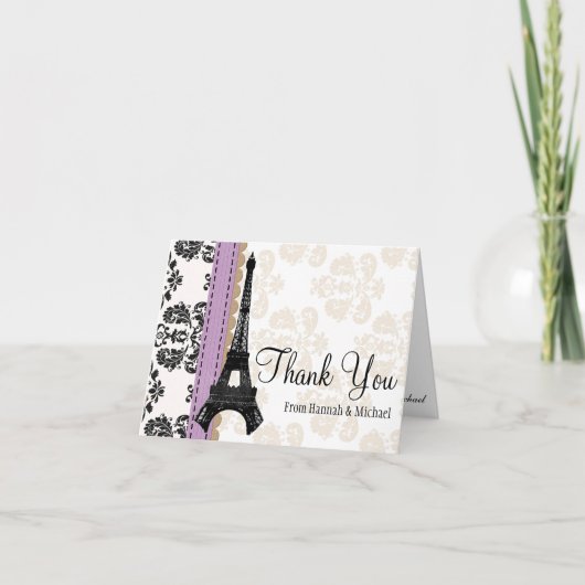 LAVENDEL UND SCHWARZER DAMAST-EIFFELTURM DANKEN DANKESKARTE (Vorderseite)