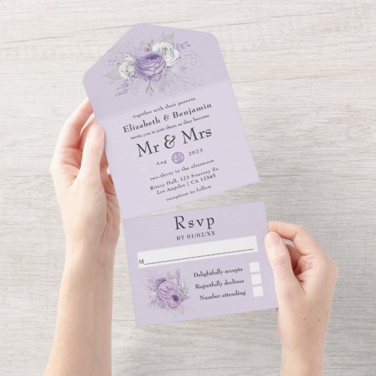 Lavendel- und Silberblumenhochzeit in einem INVI All In One Einladung (Abreißen)