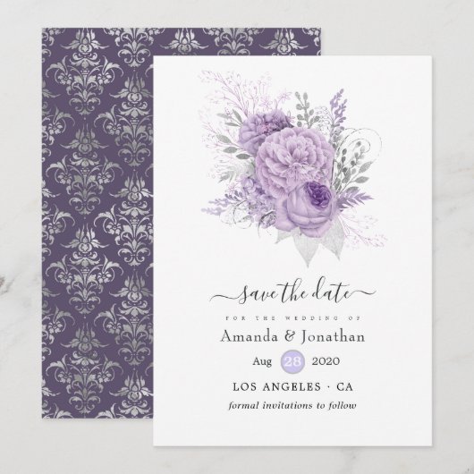 Lavendel und Silver Floral Wedding Save The Date (Vorne/Hinten)
