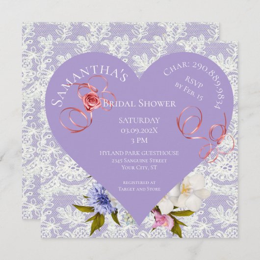 Lavendel- und Spitzen-Herz Bridal-Dusche Einladung (Vorne/Hinten)