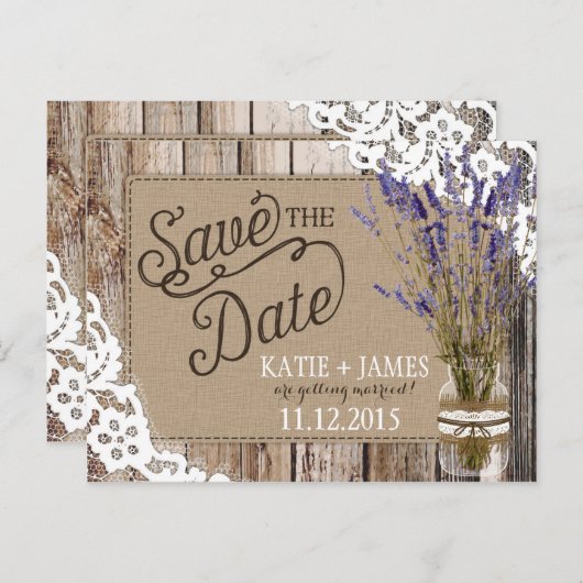 Lavendel und Spitzen Rustikale Holzplanks Save the Ankündigungspostkarte (Vorne/Hinten)