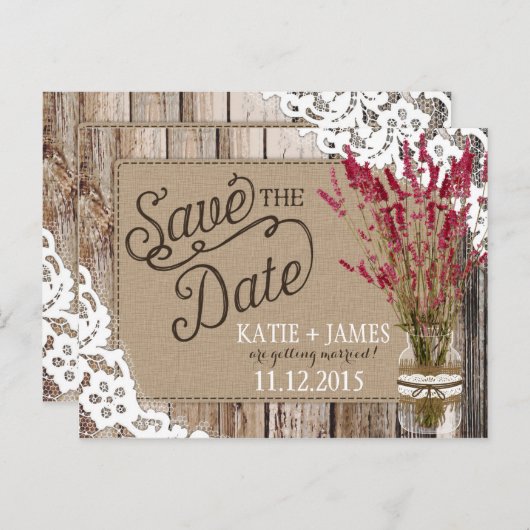Lavendel und Spitzen Rustikale Holzplanks Save the Ankündigungspostkarte (Vorne/Hinten)