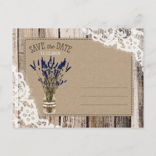 Lavendel und Spitzen Rustikale Holzplanks Save the Ankündigungspostkarte (Rückseite)