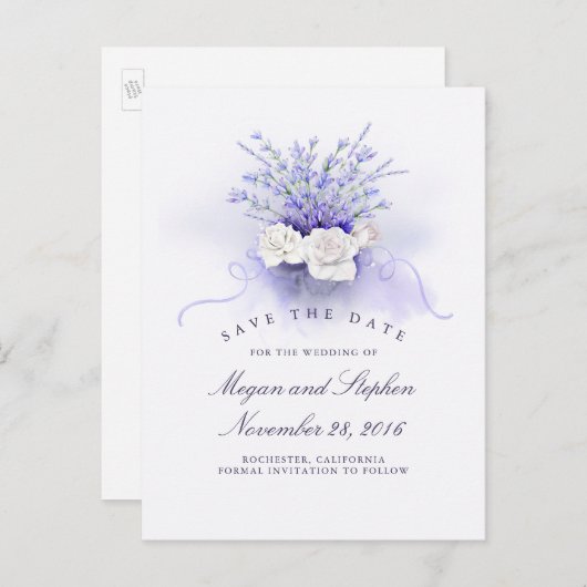 Lavendel und Weiße Rosen Save the Date elegant Ankündigungspostkarte (Vorne/Hinten)