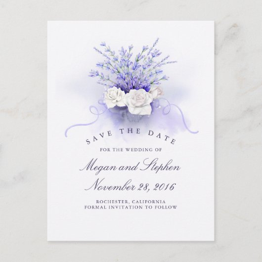 Lavendel und Weiße Rosen Save the Date elegant Ankündigungspostkarte (Vorderseite)