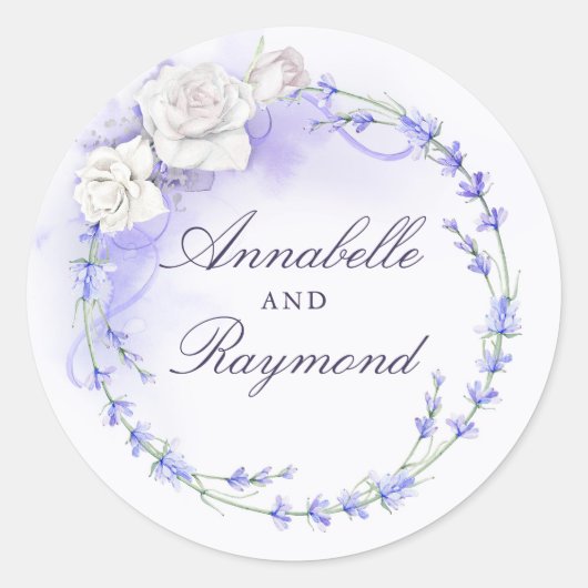 Lavendel und White Roses Wreath Elegante Runder Aufkleber (Vorderseite)