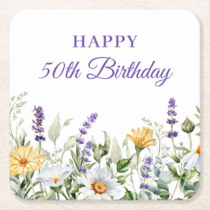 Lavendel und Wildblumen Alles Gute zum 50. Geburts Rechteckiger Pappuntersetzer