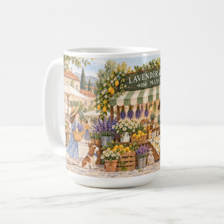 Lavendel und Zitronen Sommer Marktmädchen und Hund Kaffeetasse