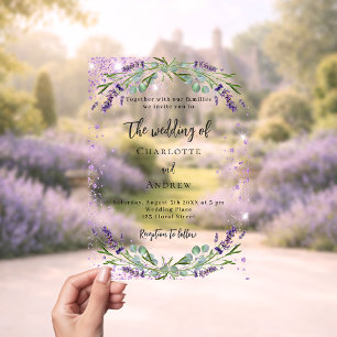 Lavendel-Veilchen-Blüten-Eukalyptus-Hochzeit Acryleinladungen