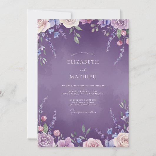 Lavendel-Veilchen-Blüten-Hochzeit Einladung (Vorderseite)