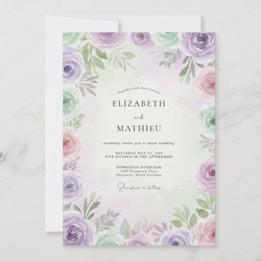 Lavendel-Veilchen-Blüten-Hochzeit Einladung (Vorderseite)