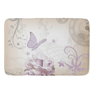 Lavendel Vintage Blume, Schmetterling, Musik, Uhre Badematte