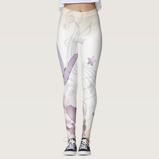 Lavendel Vintage Blume, Schmetterling, Musik, Uhre Leggings (Vorderseite)