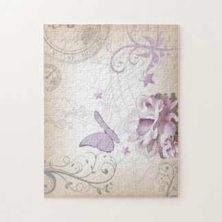 Lavendel Vintage Blume, Schmetterling, Musik, Uhre Puzzle