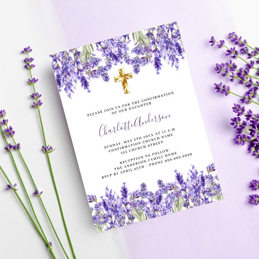 Lavendel violette Florale Gold Kreuzbestätigung Einladung