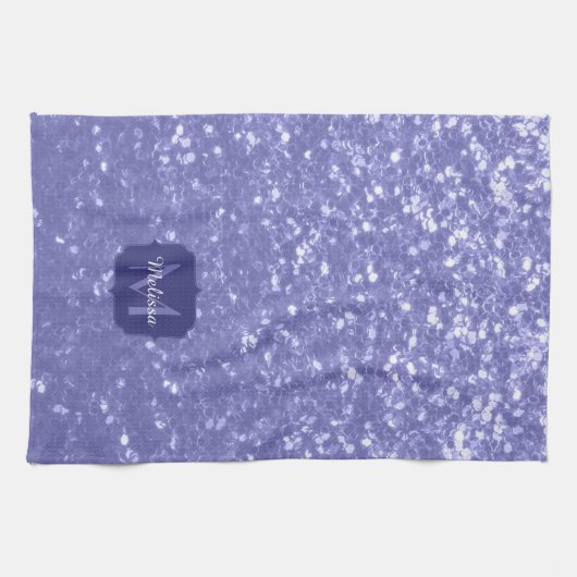Lavendel violette Glitzern Glitzer bling Monogram Geschirrtuch (Horizontal)