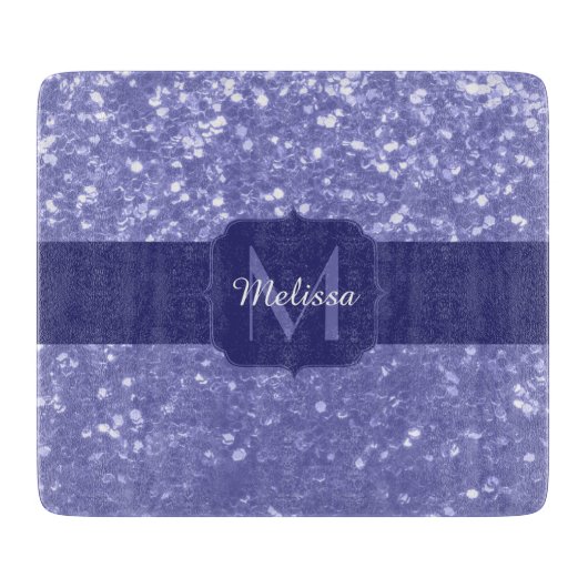 Lavendel violette Glitzern Glitzer bling Monogram Schneidebrett (Vorderseite)